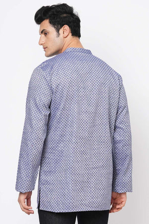 Men's Blue And Grey Cotton Checks Short Kurta