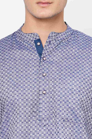 Men's Blue And Grey Cotton Checks Short Kurta