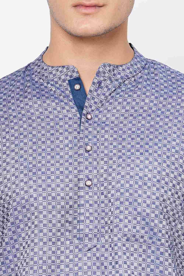 Men's Blue And Grey Cotton Checks Short Kurta