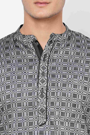 Men's Black And Grey Cotton Checks Short Kurta