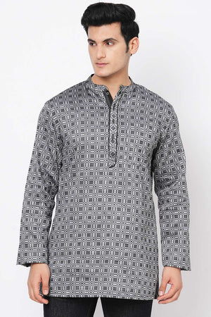 Men's Black And Grey Cotton Checks Short Kurta