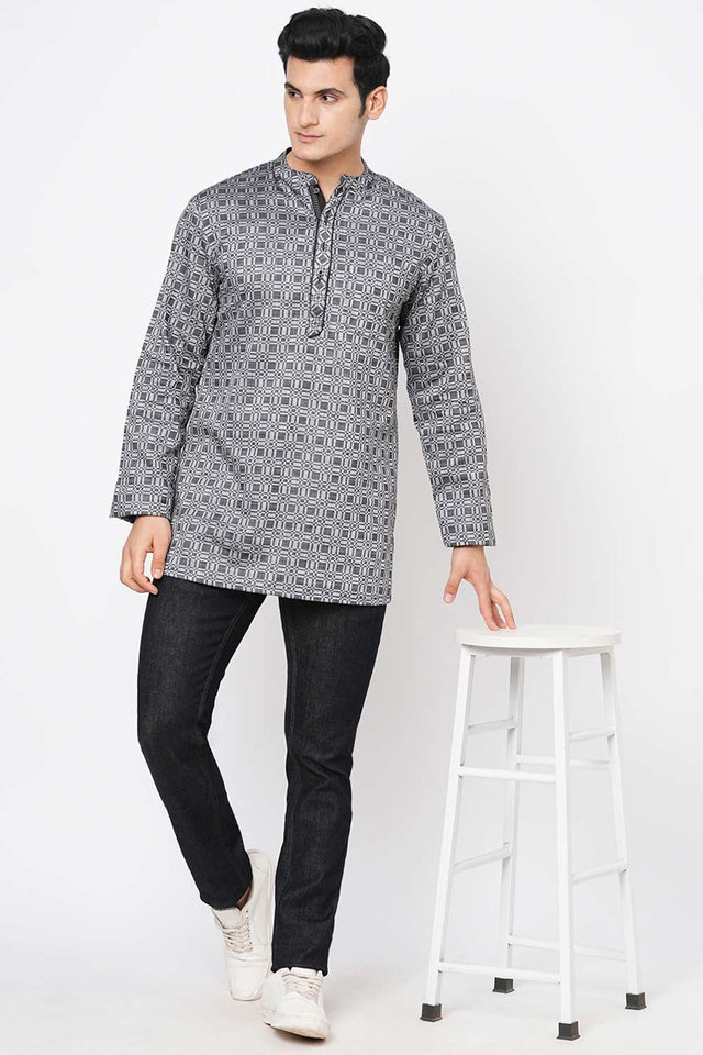 Men's Black And Grey Cotton Checks Short Kurta