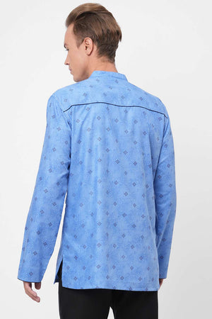 Men's Sky Blue With Black Printed Short Kurta