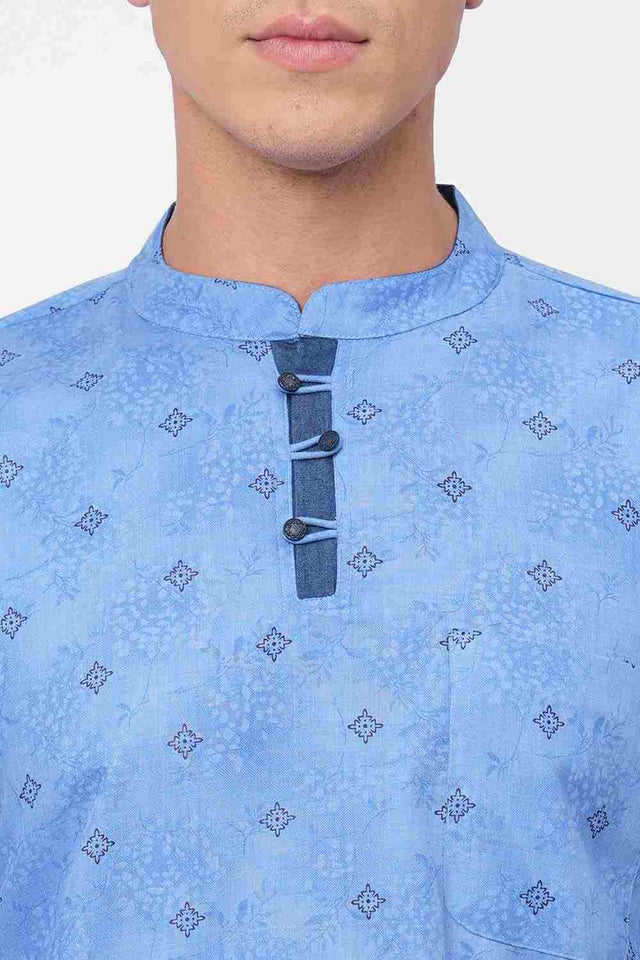 Men's Sky Blue With Black Printed Short Kurta
