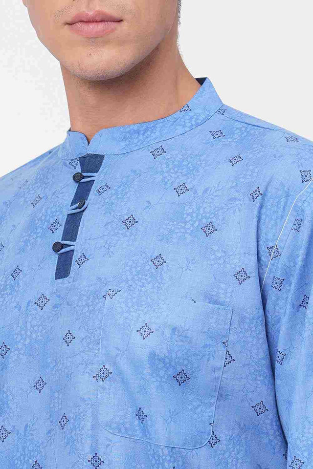 Men's Sky Blue With Black Printed Short Kurta