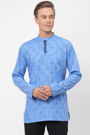 Men's Sky Blue With Black Printed Short Kurta