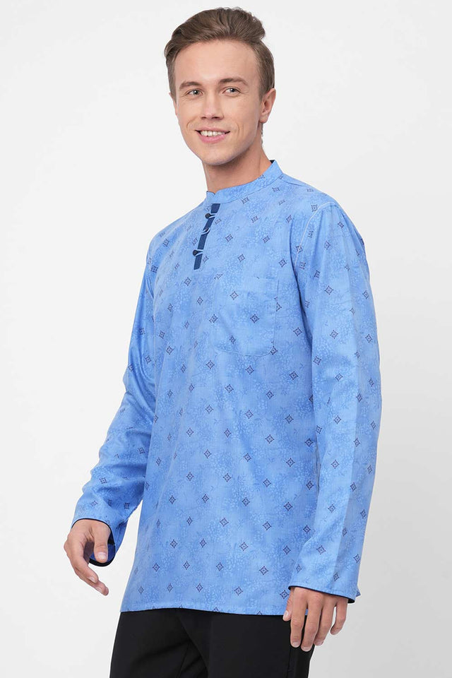 Men's Sky Blue With Black Printed Short Kurta