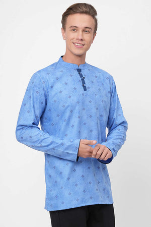 Men's Sky Blue With Black Printed Short Kurta