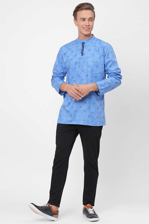 Men's Sky Blue With Black Printed Short Kurta