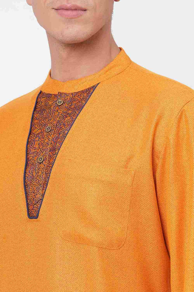 Men's Golden Banarsi Yoke Short Kurta