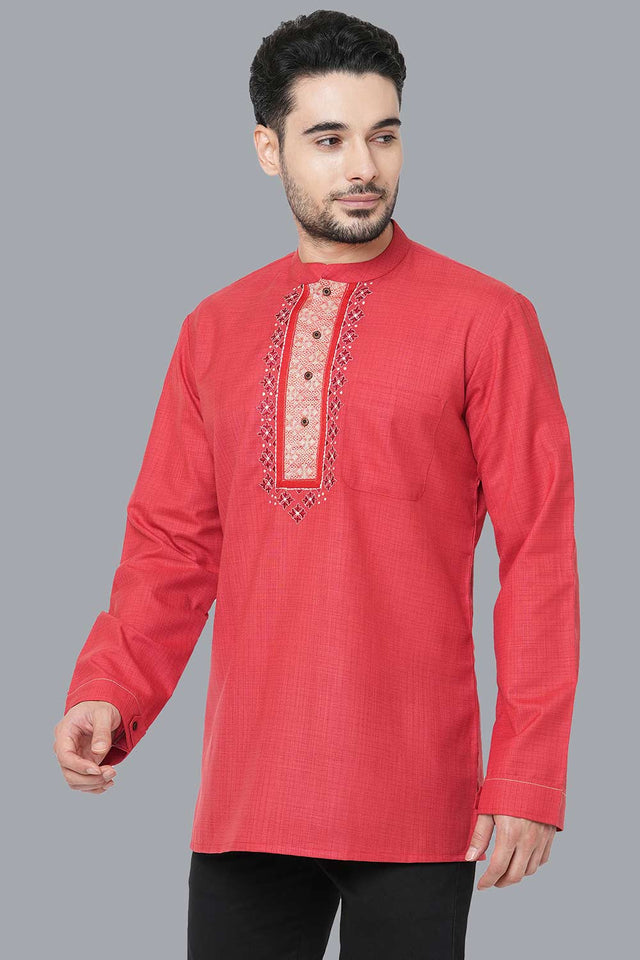 Men's Red Weave Checks Neck Embroidery Short Kurta