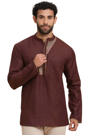 Men's Brown Poly Cotton Plain Solid Short Kurta