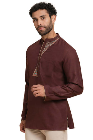 Men's Brown Poly Cotton Plain Solid Short Kurta