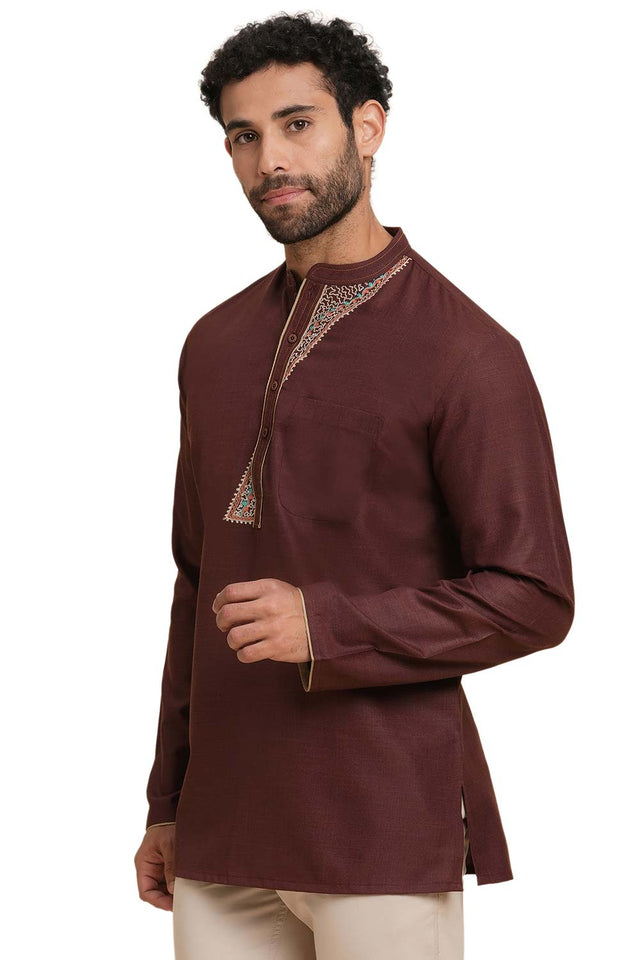 Men's Brown Poly Cotton Plain Solid Short Kurta