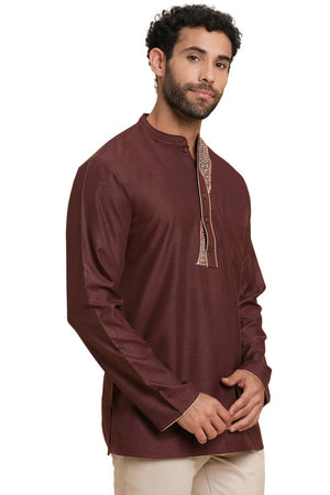 Men's Brown Poly Cotton Plain Solid Short Kurta
