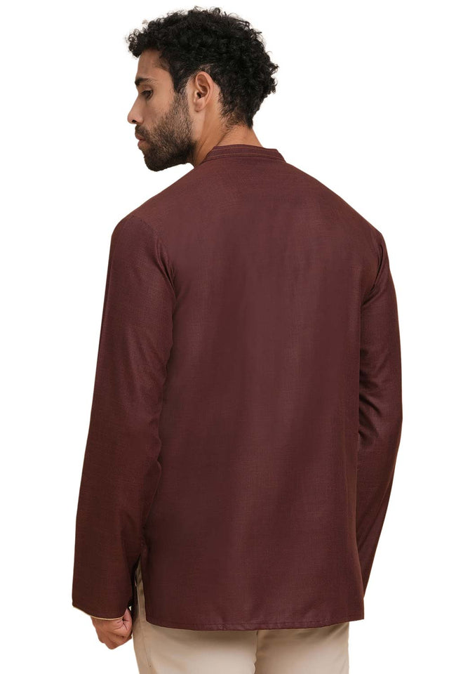 Men's Brown Poly Cotton Plain Solid Short Kurta