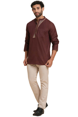 Men's Brown Poly Cotton Plain Solid Short Kurta