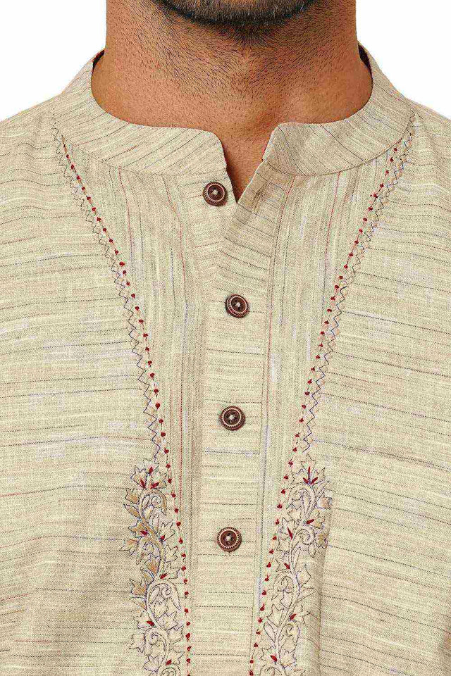 Men's Beige Poly Cotton Plain Short Kurta