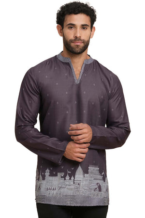 Men's Magenta Poly Cotton Printed Short Kurta