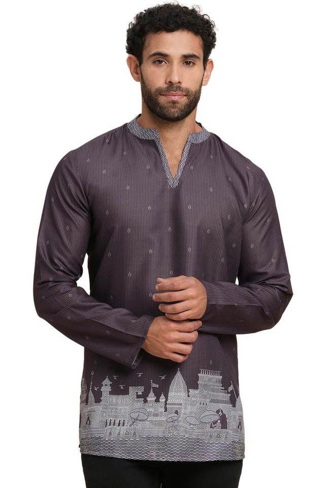 Men's Magenta Poly Cotton Printed Short Kurta