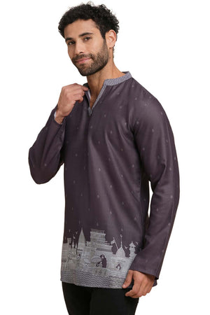 Men's Magenta Poly Cotton Printed Short Kurta