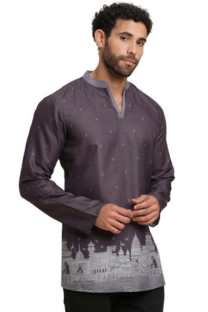 Men's Magenta Poly Cotton Printed Short Kurta