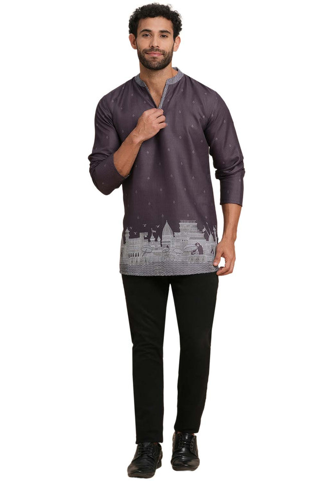 Men's Magenta Poly Cotton Printed Short Kurta