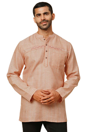 Men's Peach Cotton Embroidery Short Kurta