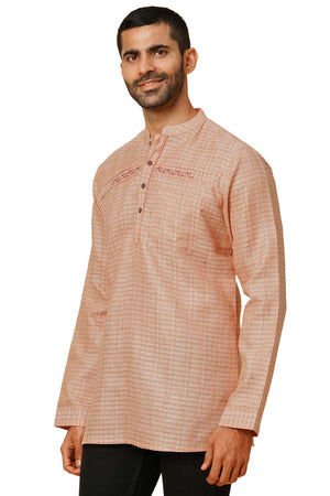 Men's Peach Cotton Embroidery Short Kurta