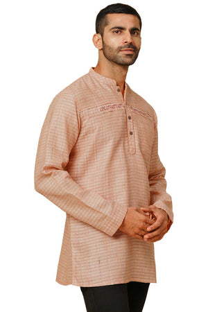 Men's Peach Cotton Embroidery Short Kurta