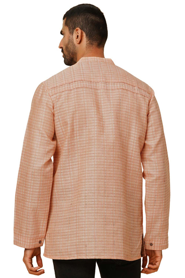 Men's Peach Cotton Embroidery Short Kurta