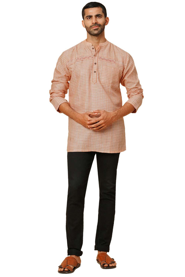 Men's Peach Cotton Embroidery Short Kurta