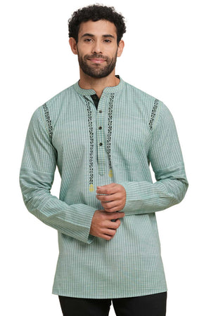 Men's Blue Cotton Checks Short Kurta