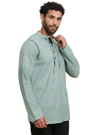 Men's Blue Cotton Checks Short Kurta