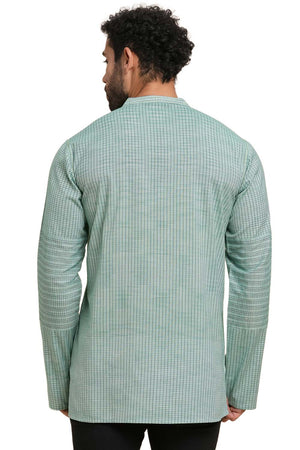 Men's Blue Cotton Checks Short Kurta