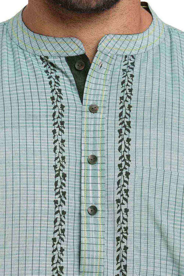 Men's Blue Cotton Checks Short Kurta
