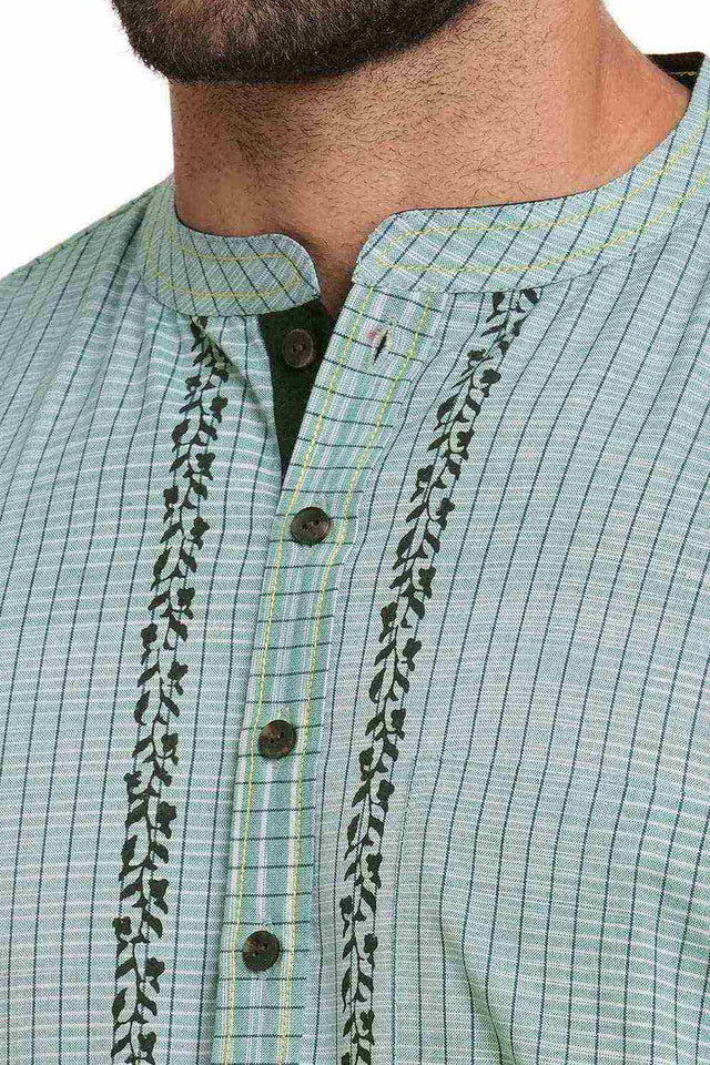 Men's Blue Cotton Checks Short Kurta