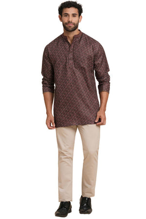 Men's Dark Brown Poly Cotton Printed Short Kurta