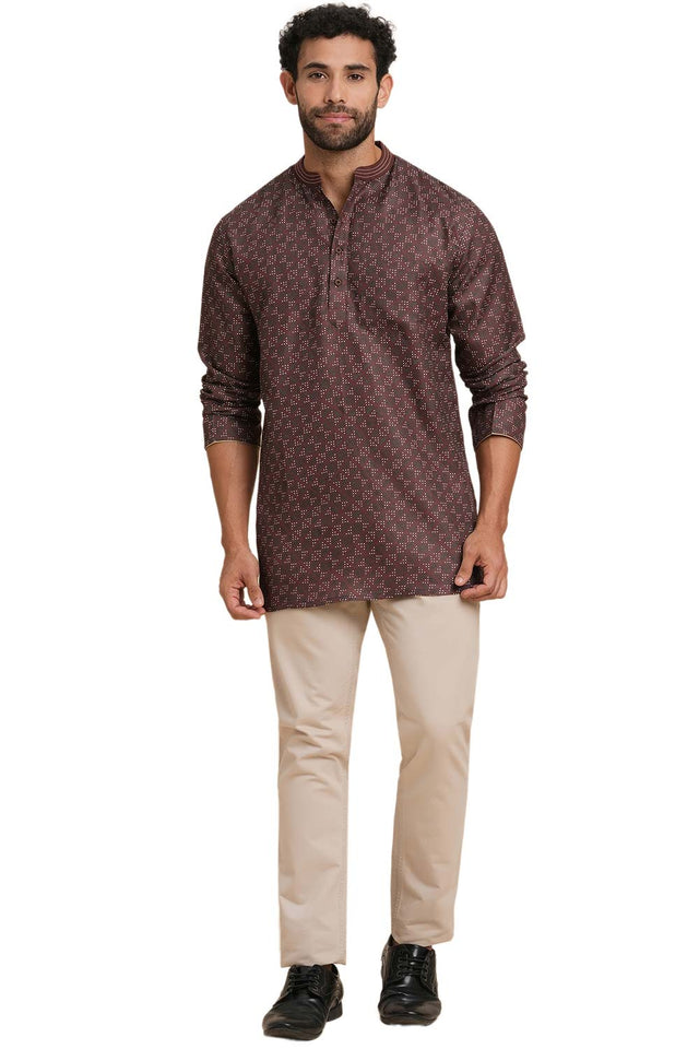 Men's Dark Brown Poly Cotton Printed Short Kurta