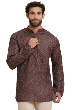 Men's Dark Brown Poly Cotton Printed Short Kurta