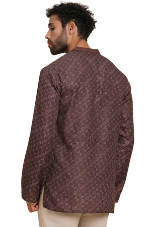 Men's Dark Brown Poly Cotton Printed Short Kurta