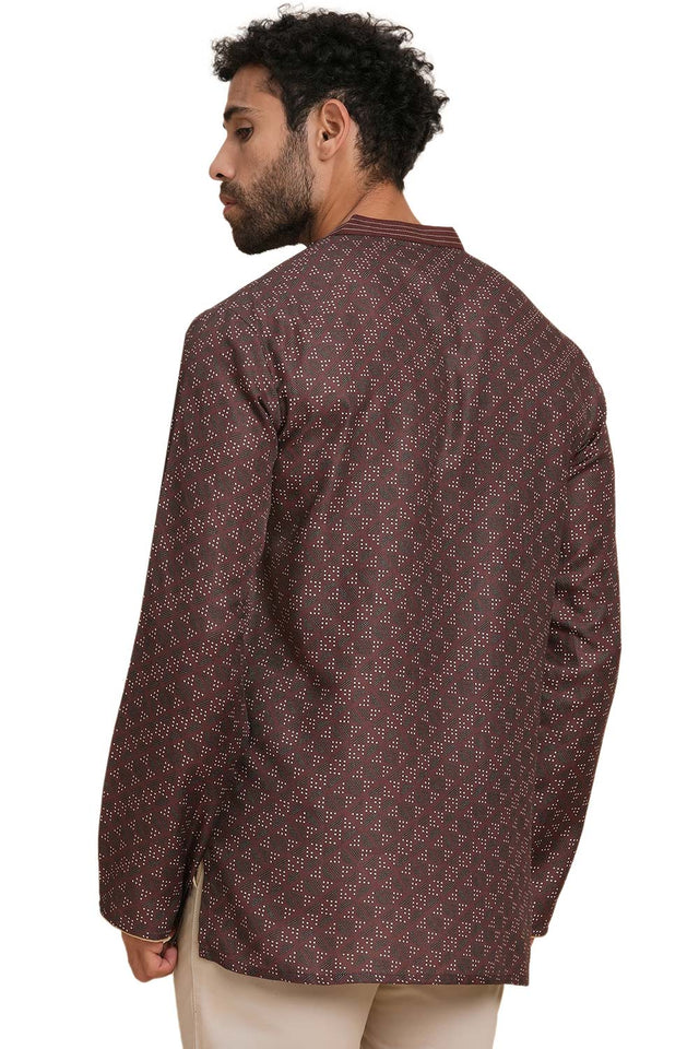 Men's Dark Brown Poly Cotton Printed Short Kurta