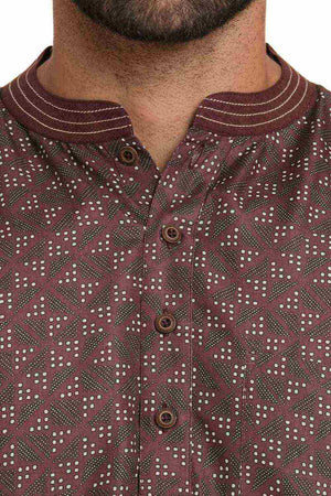 Men's Dark Brown Poly Cotton Printed Short Kurta