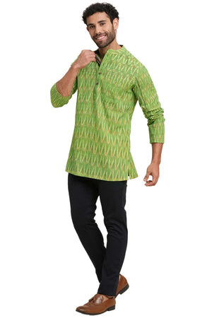 Men's Light Green Cotton Ikkat Weave Short Kurta