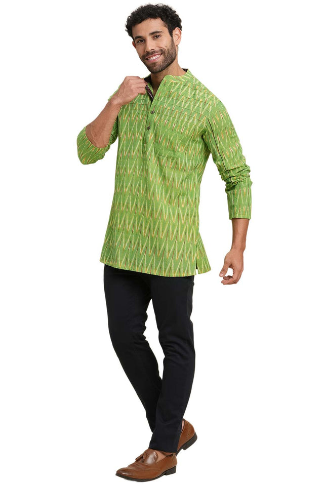 Men's Light Green Cotton Ikkat Weave Short Kurta
