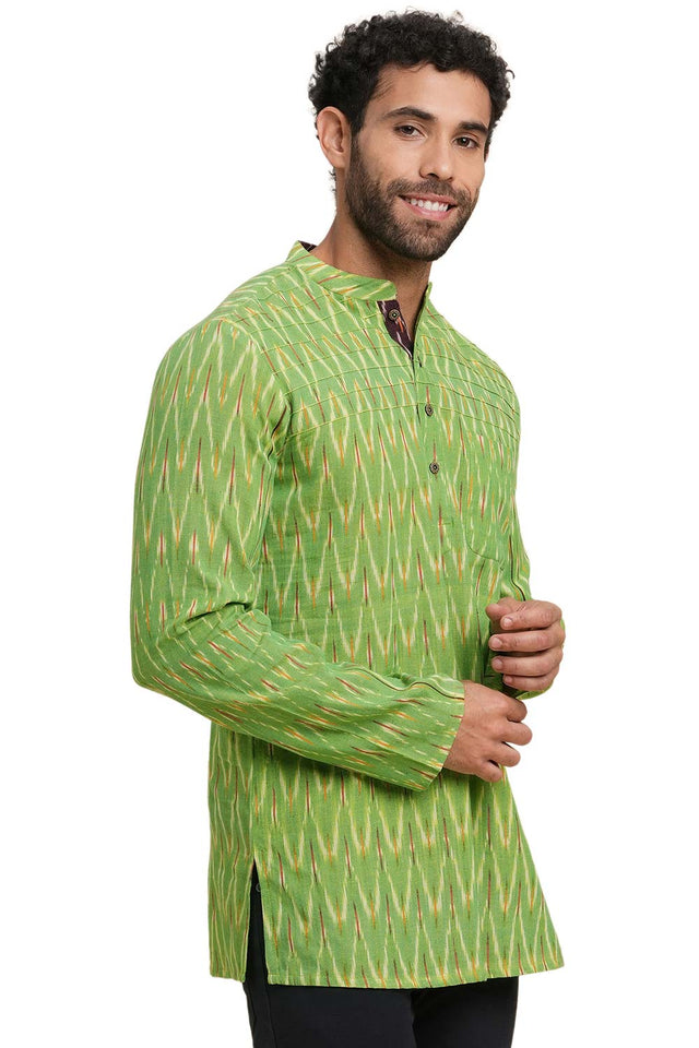 Men's Light Green Cotton Ikkat Weave Short Kurta
