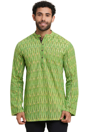 Men's Light Green Cotton Ikkat Weave Short Kurta