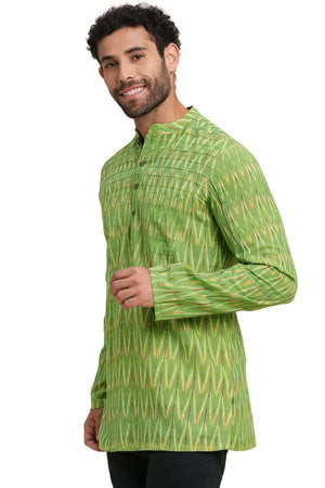 Men's Light Green Cotton Ikkat Weave Short Kurta
