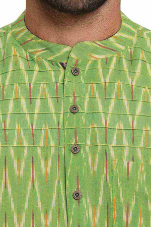 Men's Light Green Cotton Ikkat Weave Short Kurta