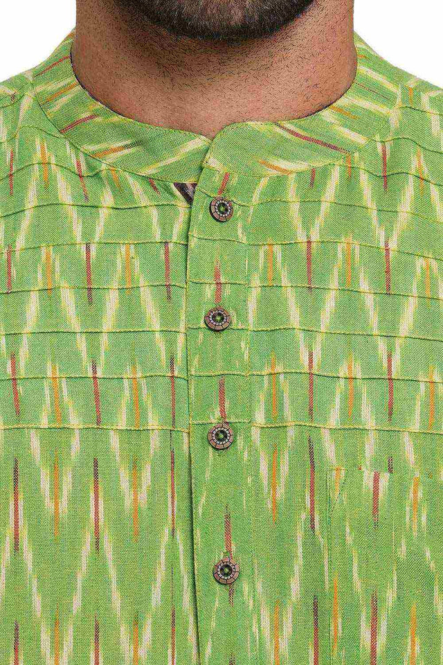 Men's Light Green Cotton Ikkat Weave Short Kurta